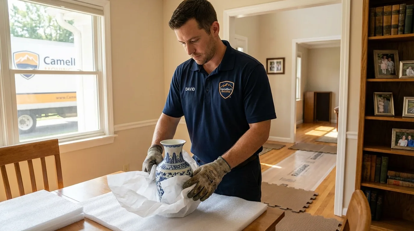 Professional crew carefully wrapping antique vase for senior downsizing move in Suffolk, VA